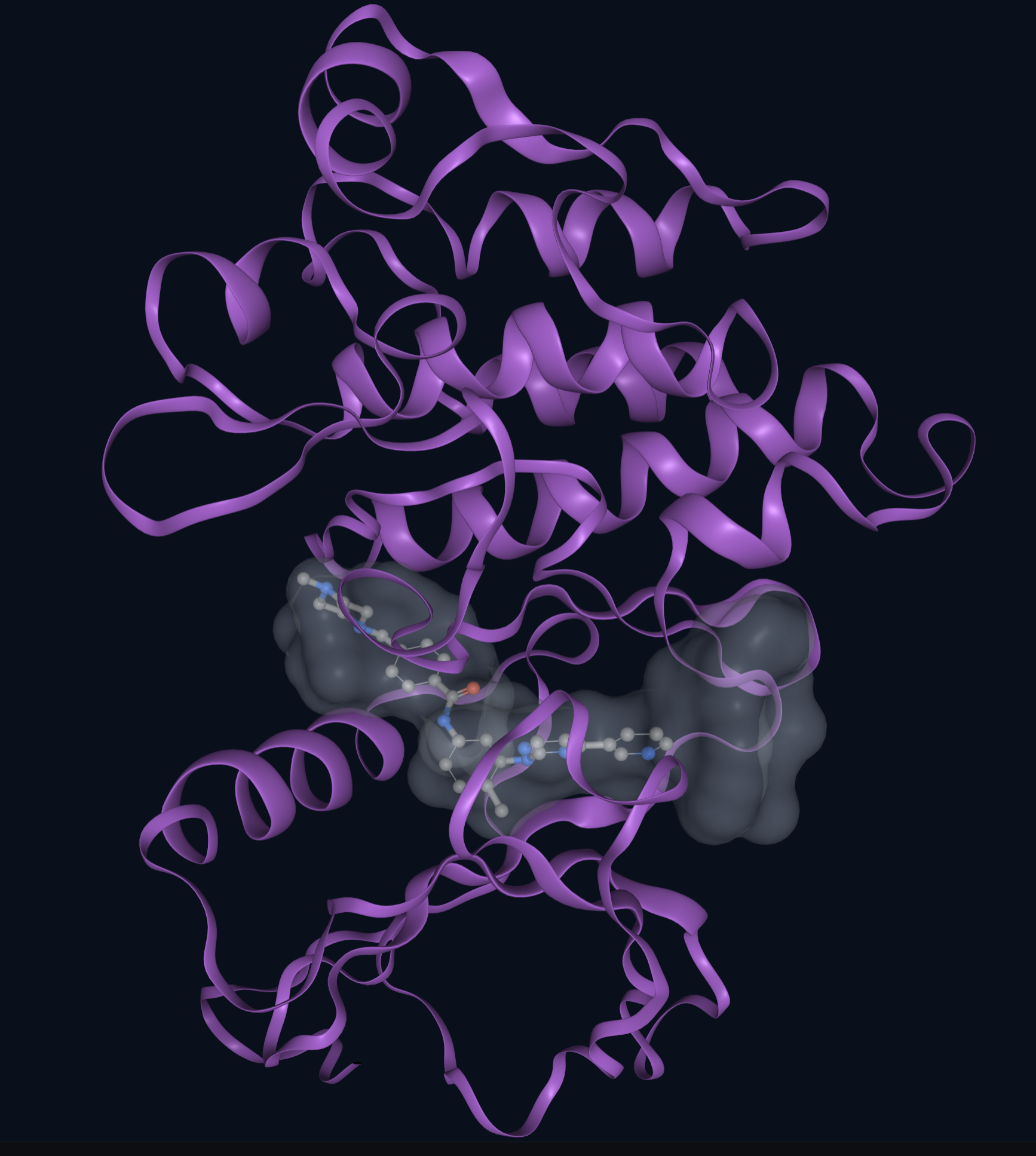 BCR-ABL kinase shown as a purple ribbon with imatinib docked in the binding pocket
