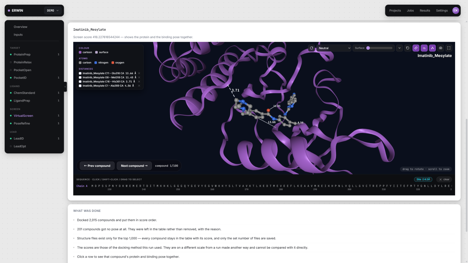 ERWIN workbench showing imatinib mesylate docked into BCR-ABL, with residue distances measured in the 3-D viewer and the chain A sequence below